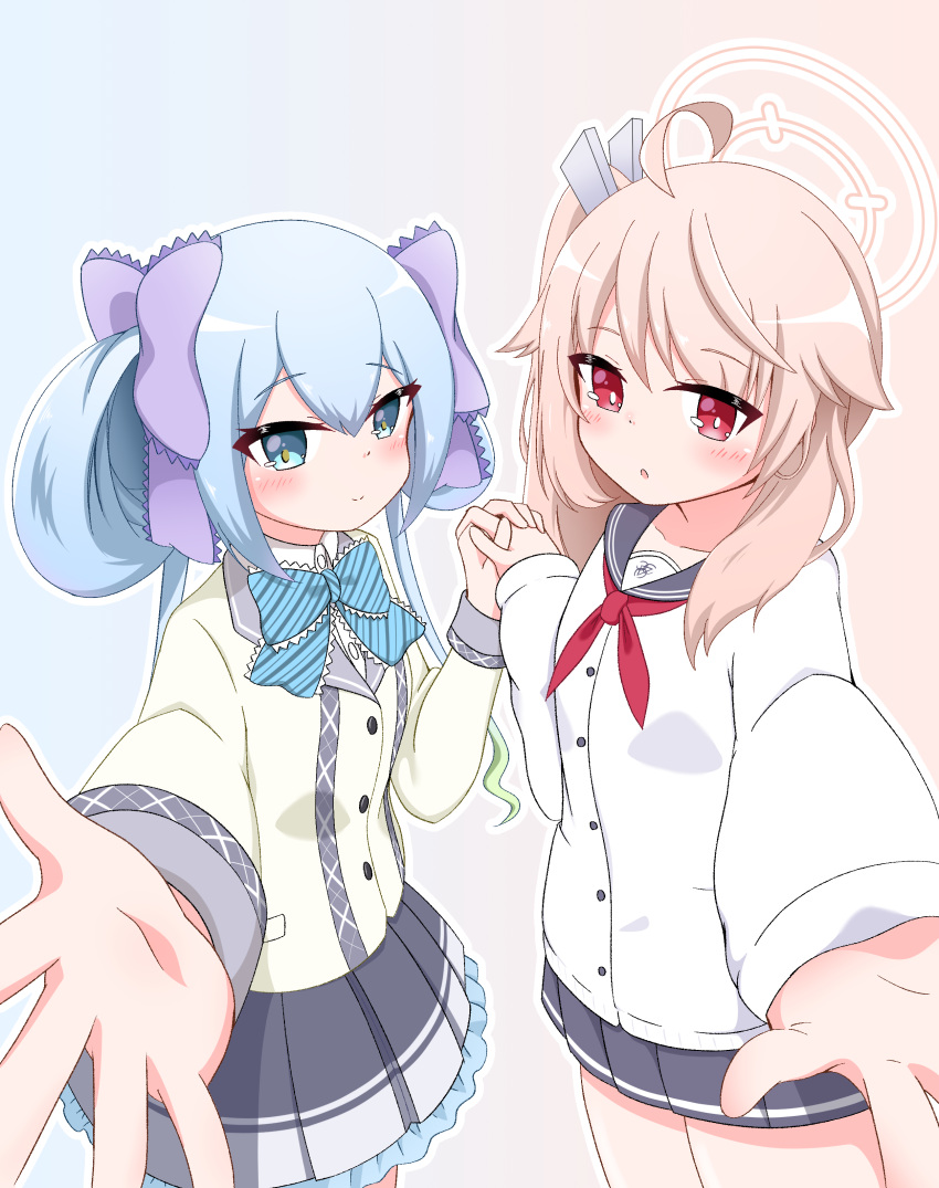 2girls, absurdres, blue_archive, blue_eyes, blue_hair, blush, bow, cardigan