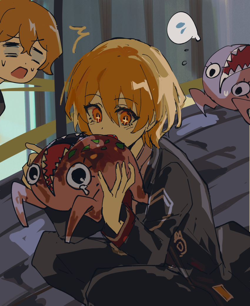 +_+, 1boy, 1girl, absurdres, black_coat, black_eyes, black_pants, blonde_hair