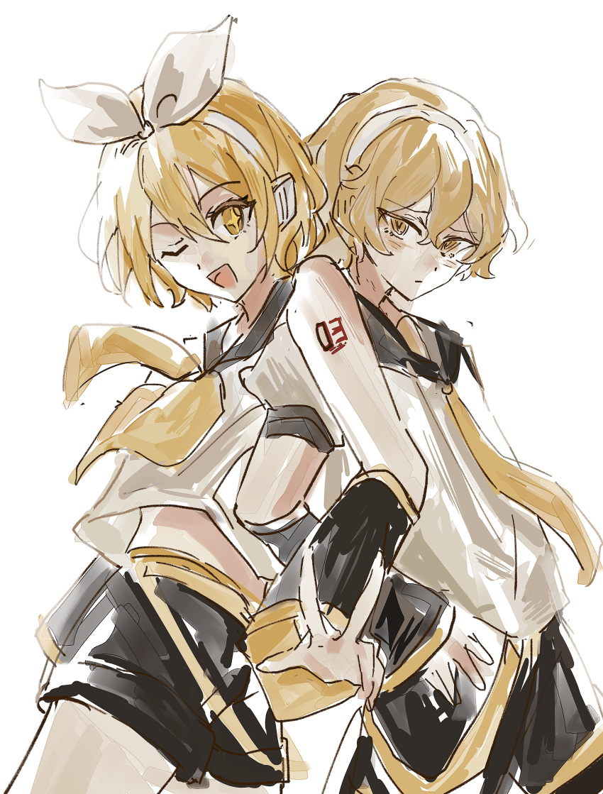 +_+, 1boy, 1girl, absurdres, black_sailor_collar, black_shorts, blonde_hair, cosplay