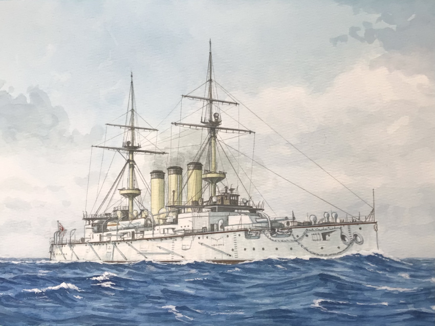 atelier_bono, battleship, blue_sky, cannon, casemate, clouds, commentary_request, flag