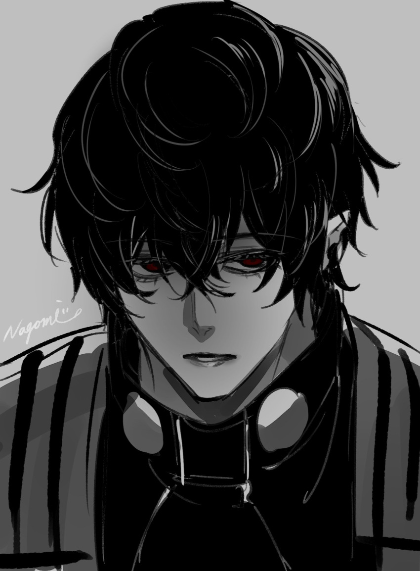1boy, beelzebub_(shuumatsu_no_valkyrie), black_hair, hair_over_one_eye, highres, hishui_prpr, looking_at_viewer, looking_to_the_side, male_focus, one_eye_covered, pointy_ears, priest, red_eyes, sad_smile, short_hair, shuumatsu_no_valkyrie, solo, upper_body