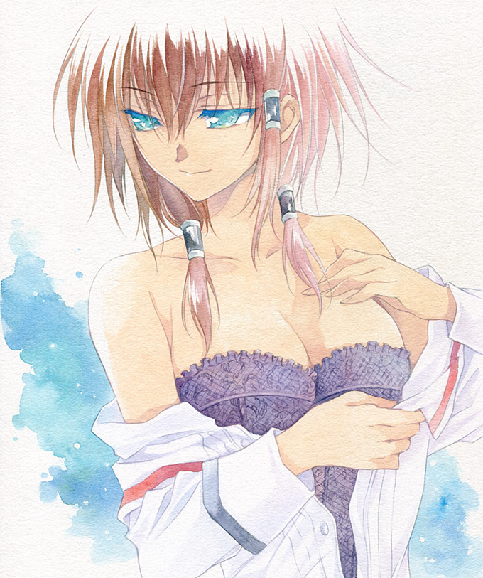 bare_shoulders, blue_eyes, breasts, brown_hair, bust, cleavage, hair_tubes, kayleigh_glanzelius