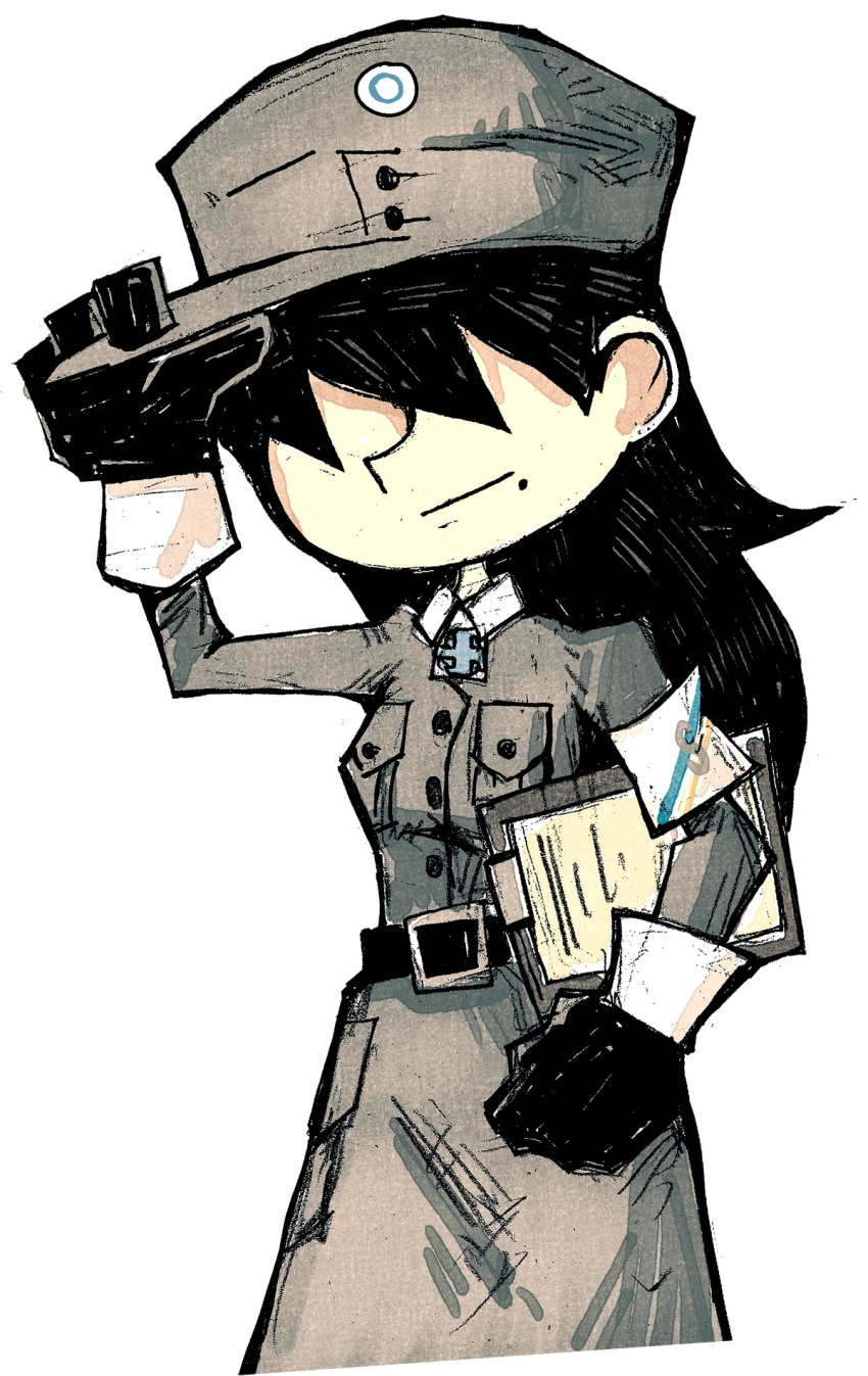 armband, belt, black_gloves, black_hair, coat, covered_eyes, finland, finnish_army, finnish_clothes, gloves, grey_coat, grey_hat, hair_over_eyes, hat, hat_tip, highres, holding, holding_notepad, light_smile, long_hair, lotta_svaerd, lotta_svaerd:_women_of_war, mole, notepad, original, setz, simple_background, swastika, tyyne_rist_(lotta_svaerd)