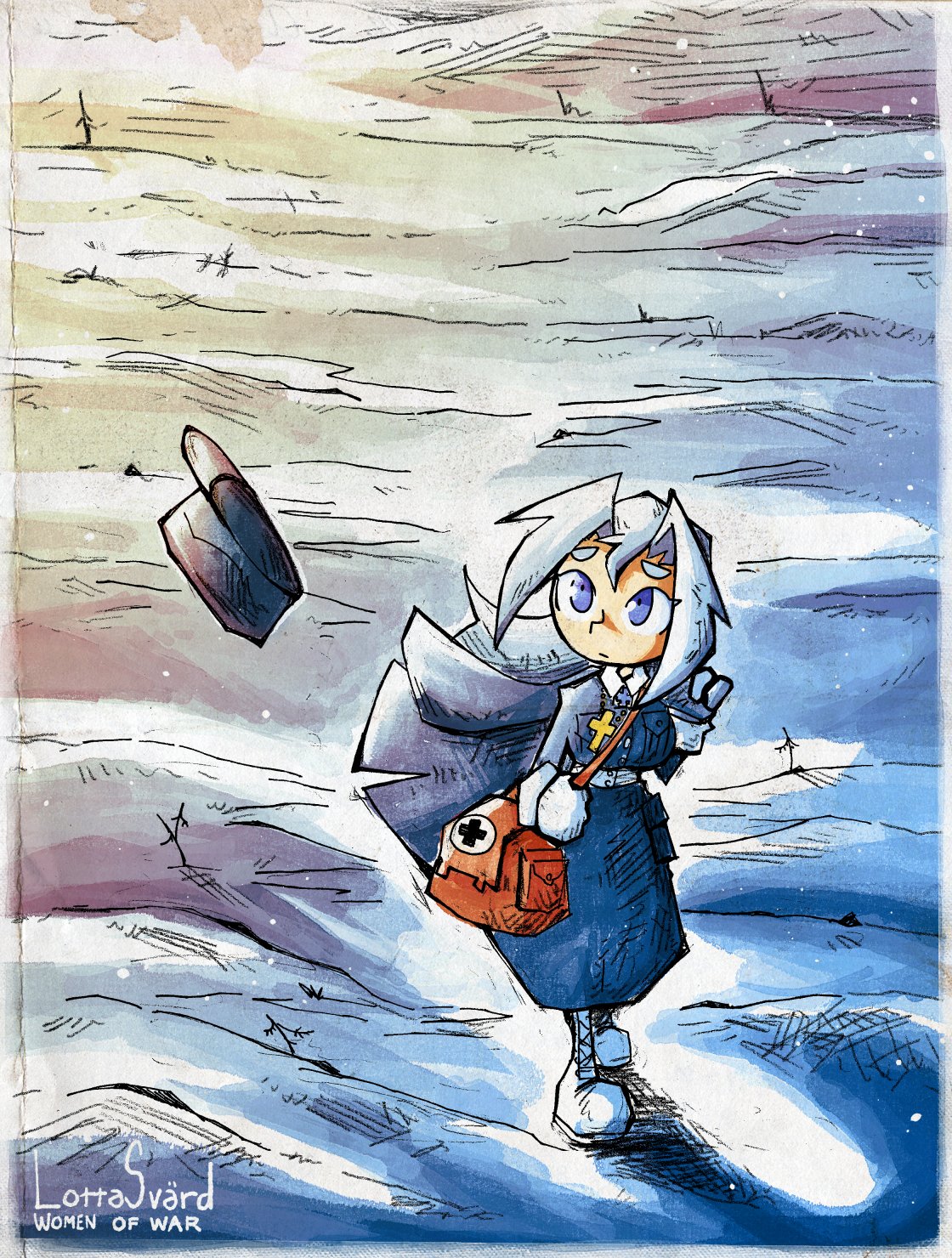 1girl, bag, blue_eyes, boots, coat, cross, cross_necklace, dress