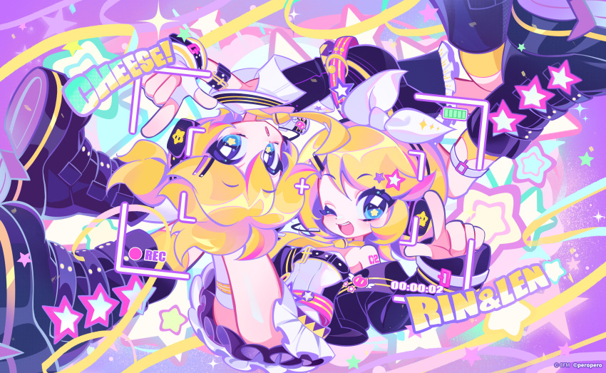 1boy, 1girl, absurdres, arm_strap, asymmetrical_legwear, belt, black_belt, black_boots, black_jacket, black_shirt, black_shorts, blonde_hair, blue_eyes, blush, boots, bow, character_name, copyright_notice, cropped_jacket, dress, fingerless_gloves, frilled_dress, frills, gloves, hair_bow, hair_ornament, hairclip, headphones, headset, highres, jacket, kagamine_len, kagamine_rin, long_sleeves, looking_at_viewer, microphone, mismatched_legwear, muse_dash, necktie, nori_jooy, number_tattoo, official_art, one_eye_closed, open_mouth, ponytail, recording, rotational_symmetry, second-party_source, shirt, short_hair, short_ponytail, shorts, shoulder_tattoo, single_sock, single_thighhigh, smile, socks, star_(symbol), star_hair_ornament, star_in_eye, symbol_in_eye, tattoo, teeth, thigh-highs, uneven_legwear, upper_teeth_only, viewfinder, vocaloid, white_bow, white_dress, white_gloves, white_jacket, white_thighhighs, yellow_necktie, yellow_socks