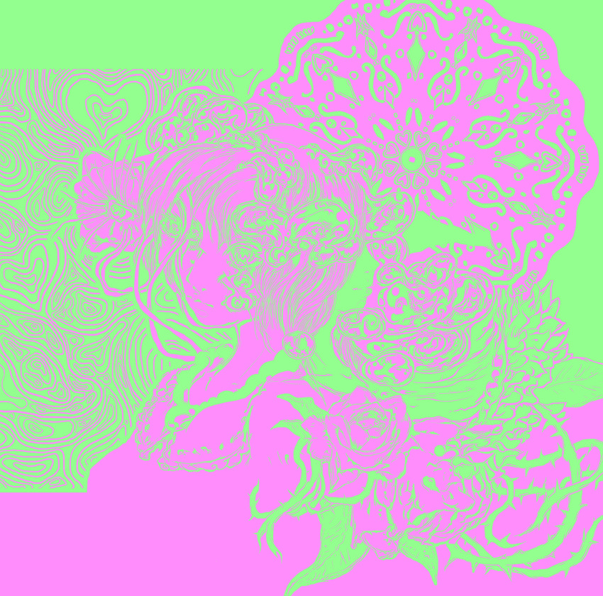 2girls, abstract, album_cover, commentary_request, cover, flower, green_theme, highres
