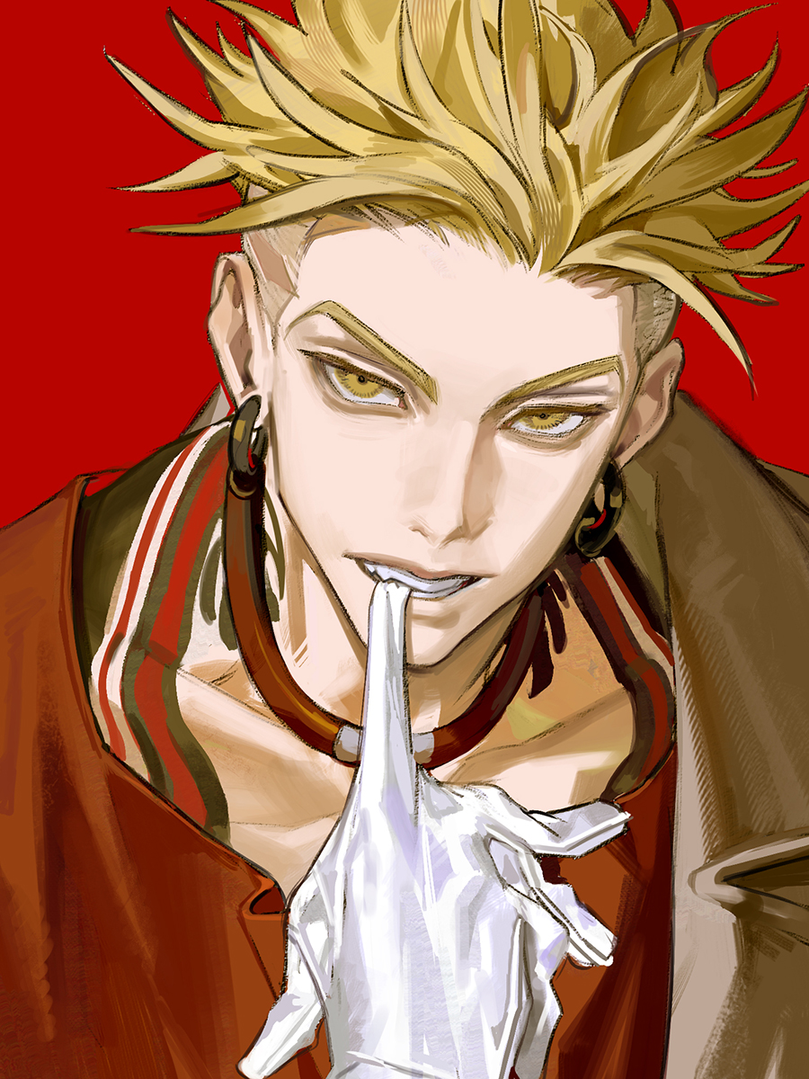1boy, back_tattoo, blonde_hair, earrings, enjin_(gachiakuta), gachiakuta, gloves, highres
