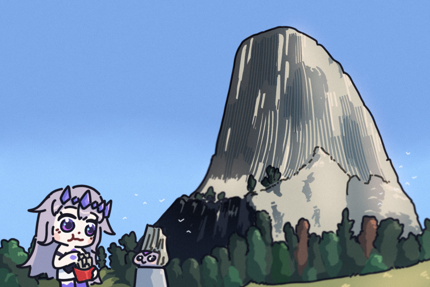 1girl, 1other, basalt_column, bing_huyue, blue_sky, blush_stickers, chest_jewel, chibi