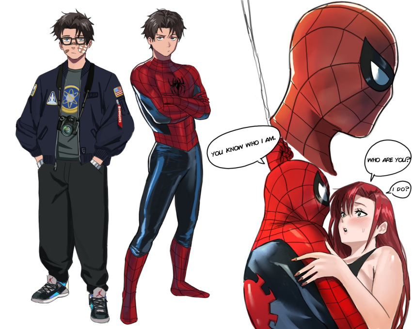 1boy, 1girl, black_hair, black_pants, blue_eyes, blue_jacket, bodysuit, full_body