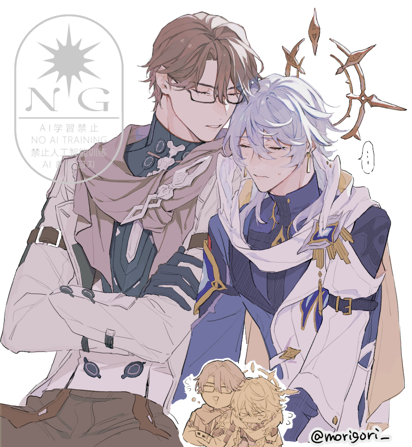 >_<, ..., 2boys, artist_name, belt, black-framed_eyewear, black_belt, black_gloves