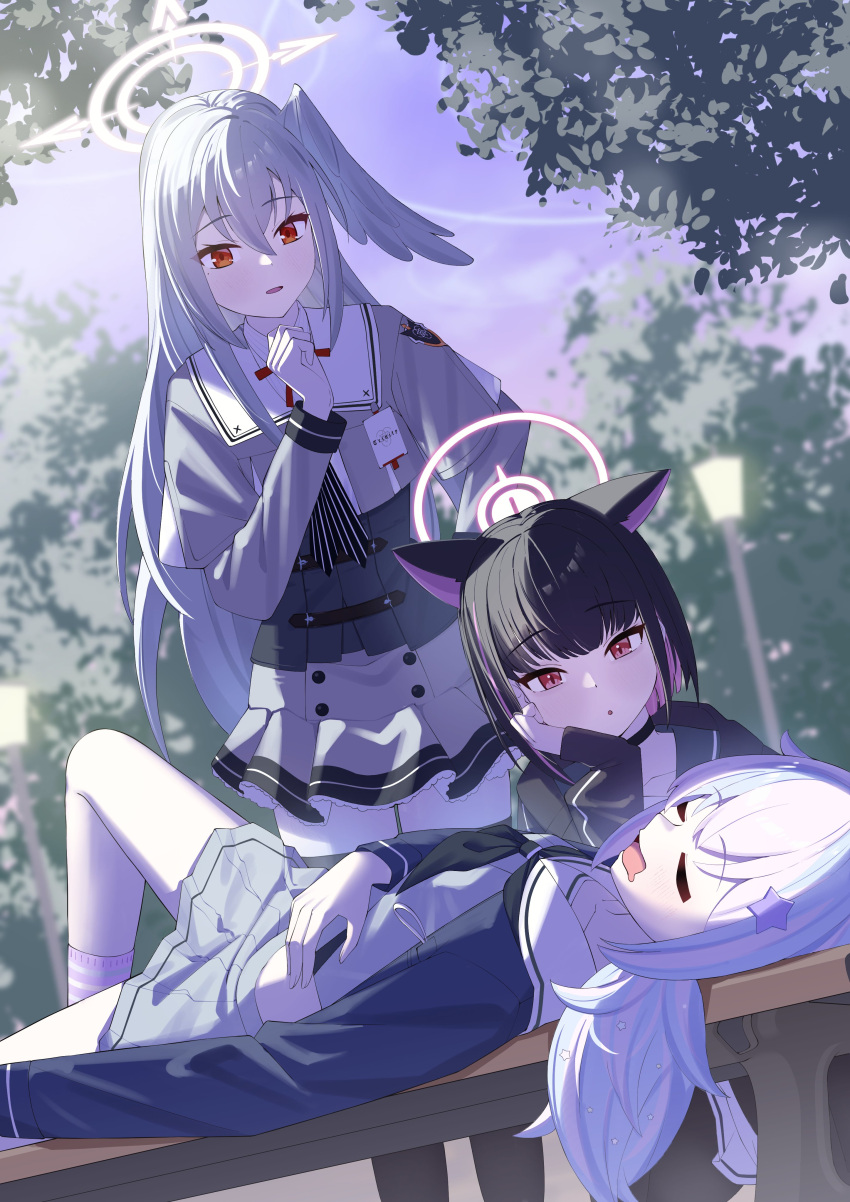 3girls, absurdres, ahoge, animal_ears, black_hair, blue_archive, blue_hair, bob_cut