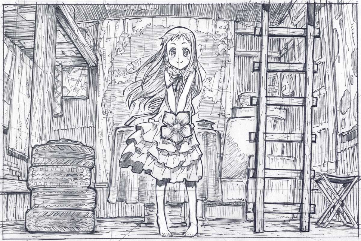 barefoot, blush, dress, flower, graphite_(medium), honma_meiko, ladder, long_hair, map, monochrome, sakino_shingetsu, seat, sketch, smile, solo, standing, tire, tires, traditional_media