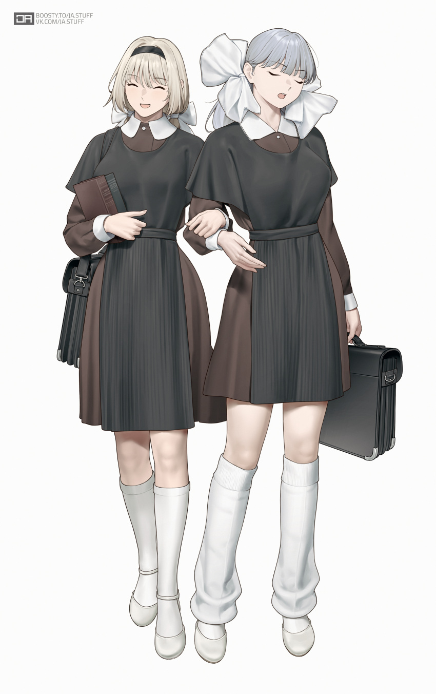 2girls, absurdres, ak-12_(girls'_frontline), alternate_costume, an-94_(girls'_frontline), bag, black_dress, black_hairband