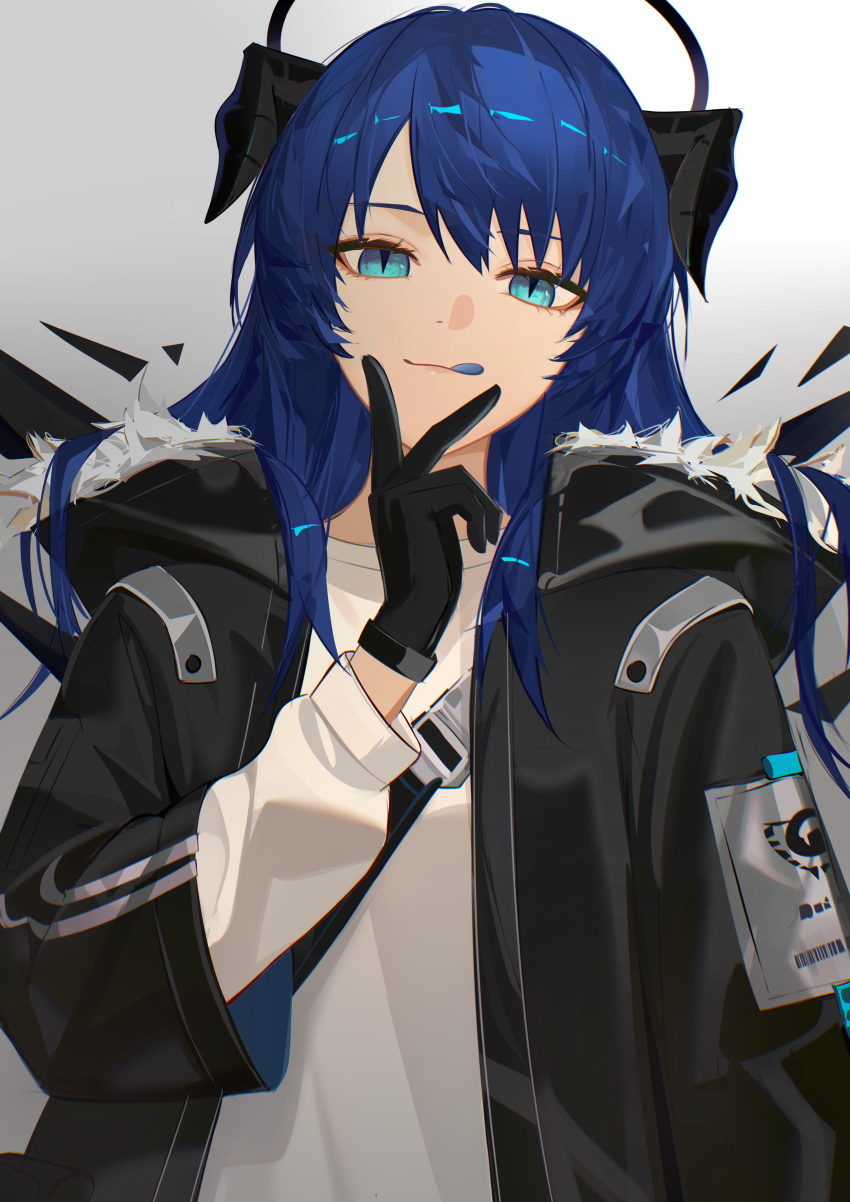 1girl, :q, absurdres, aqua_eyes, arknights, black_gloves, black_halo, black_horns