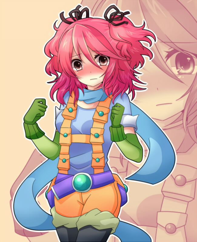 black_legwear, blush, brown_eyes, cheria_barnes, cosplay, frown, gloves, pantyhose, pascal, pascal_(cosplay), pink_hair, sadomochi, scarf, shirt, short_hair, short_twintails, shorts, solo, tales_of_(series), tales_of_graces, twintails, zoom_layer