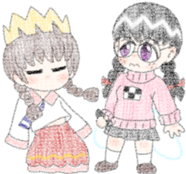 2girls, archived_source, black_hair, braid, cosplay, costume_switch, crossover, crown