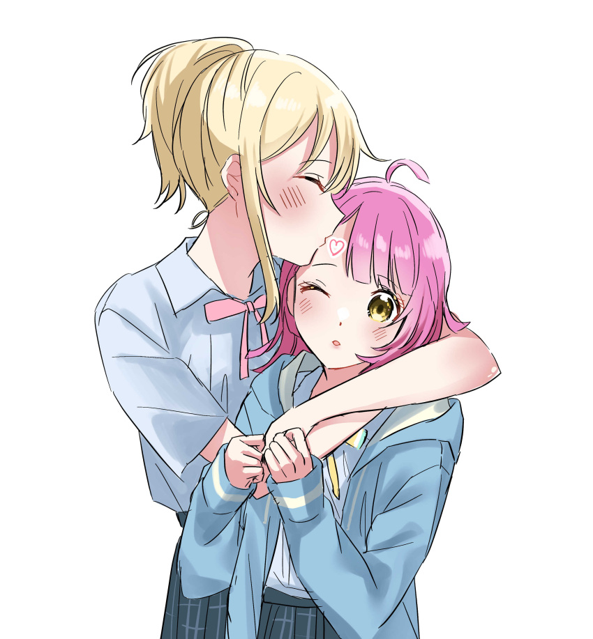2girls, absurdres, ahoge, aki_m_m_a, arm_around_neck, blonde_hair, blue_cardigan, blue_shirt, blush, cardigan, character_request, check_character, check_copyright, closed_eyes, commentary_request, copyright_request, cowboy_shot, grey_skirt, heart, highres, hood, hooded_cardigan, hug_from_side, kiss, kissing_forehead, long_sidelocks, love_live!, love_live!_nijigasaki_high_school_idol_club, medium_hair, miyashita_ai, multiple_girls, neck_ribbon, one_eye_closed, open_cardigan, open_clothes, parted_bangs, parted_lips, pink_hair, pink_ribbon, ponytail, ribbon, shirt, short_sleeves, sidelocks, simple_background, skirt, tennoji_rina, white_background, yellow_eyes, yuri