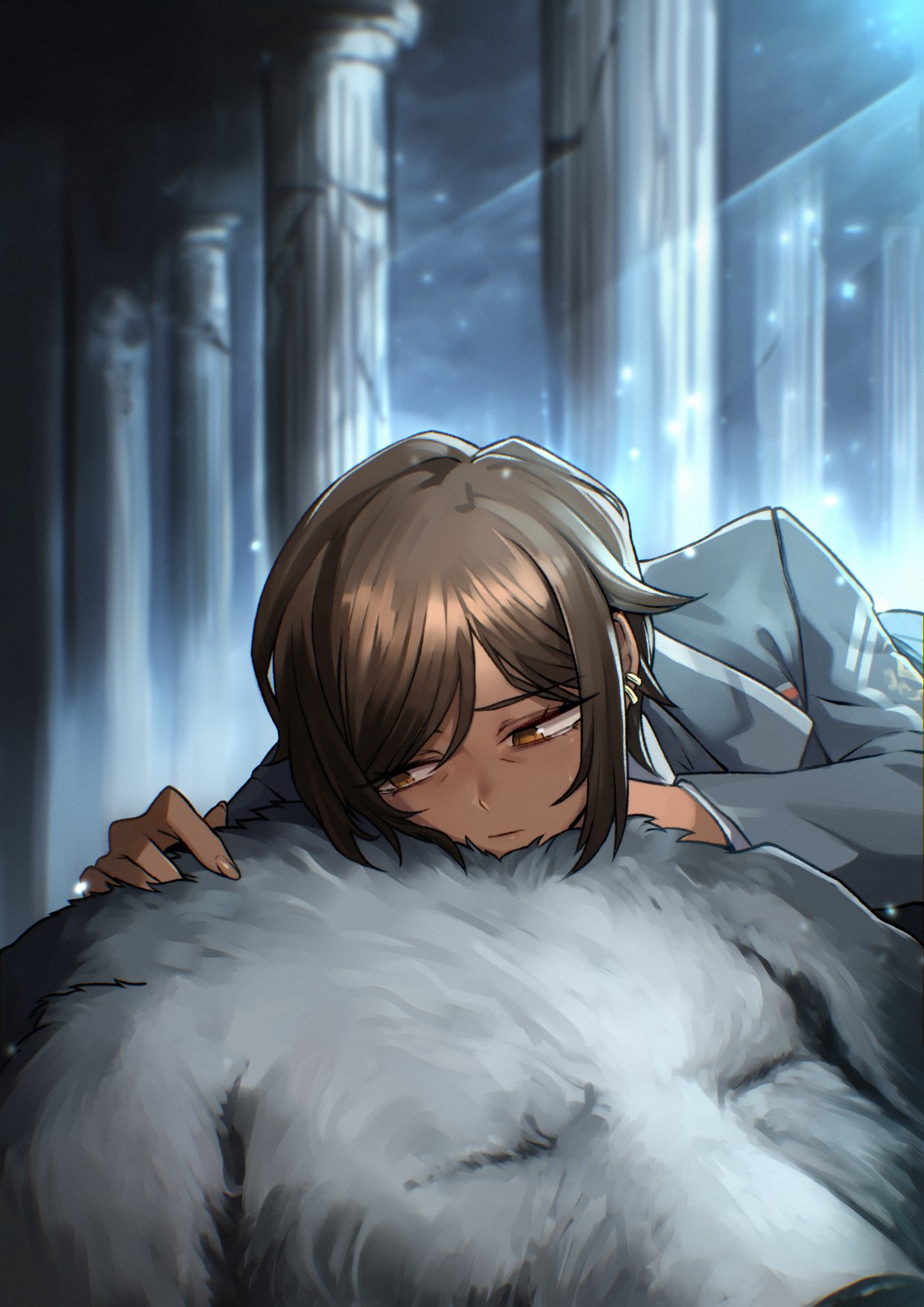 1girl, animal_ear_fluff, brown_hair, dark-skinned_female, dark_skin, death, dog, earrings