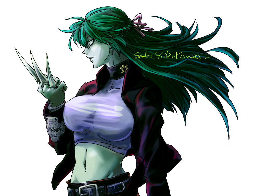 belt, between_fingers, breasts, character_name, crop_top, green_hair, green_skin, jacket, knife, large_breasts, long_hair, midriff, navel, simple_background, solo, taut_shirt, white_background, yel, yurikawa_saki, zombie, zombie-ya_reiko