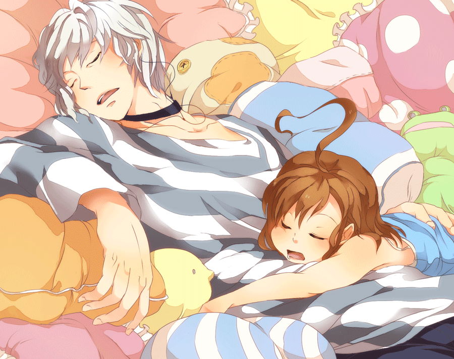 ahoge, bad_id, bed, brown_hair, choker, closed_eyes, dress, eyes_closed