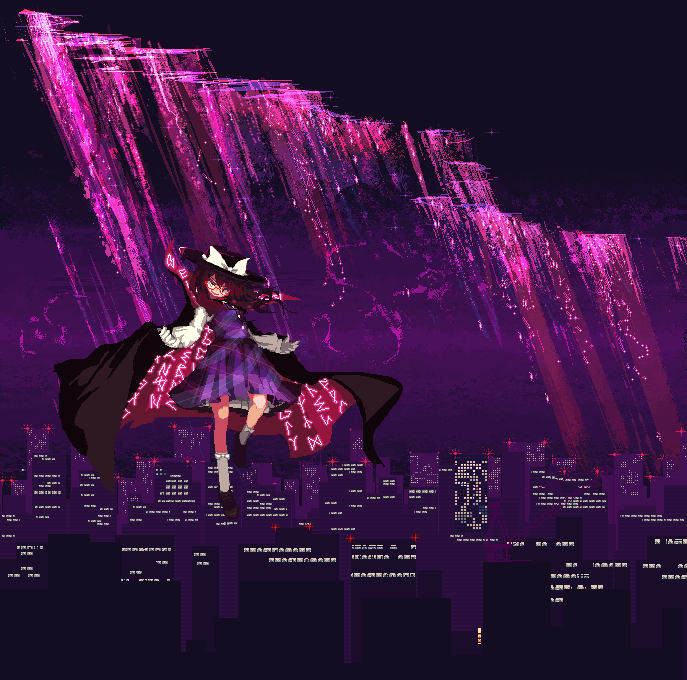 1girl, black_shoes, cape, cityscape, clouds, cloudy_sky, commentary_request, dark