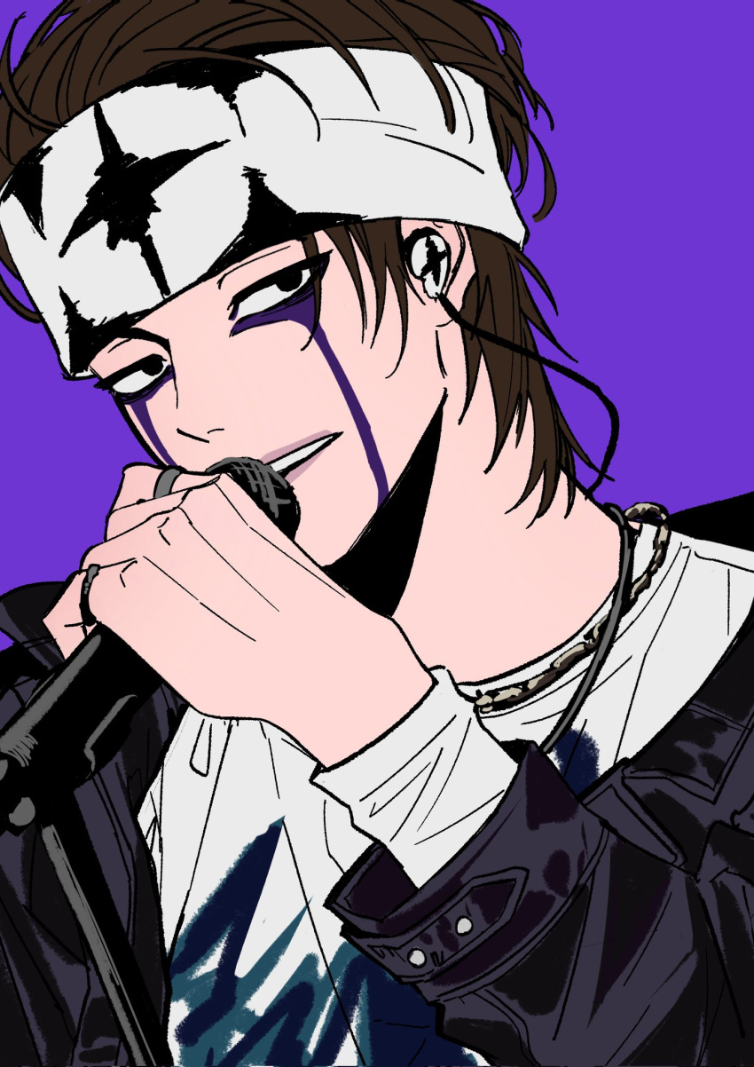 1boy, bellugang_(crepe), black_eyes, black_jacket, brown_hair, chain, commentary_request, earpiece