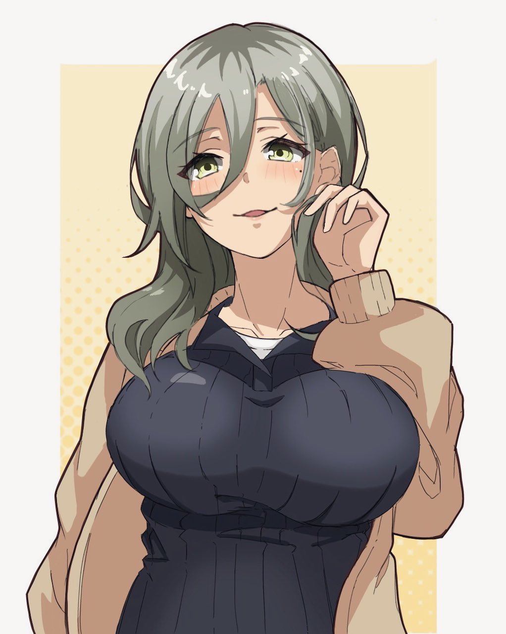 1girl, alternate_hairstyle, black_sweater, breasts, brown_cardigan, cardigan, collarbone, dark-skinned_female, dark_skin, girls_band_cry, green_eyes, green_hair, hair_between_eyes, halftone, halftone_background, hand_in_own_hair, hand_up, highres, large_breasts, light_blush, long_hair, looking_at_viewer, mole, mole_under_eye, multicolored_hair, ngn_mahiro, open_cardigan, open_clothes, parted_lips, portrait, roots_(hair), rupa_(girls_band_cry), shirt_under_sweater, smile, solo, straight-on, sweater, two-tone_background, white_background, yellow_background