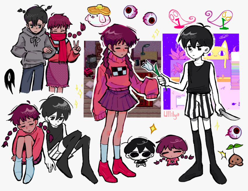 1girl, 2boys, =_=, alternate_costume, alternate_hairstyle, antenna_hair, artist_name, big_yellow_cat_(omori)