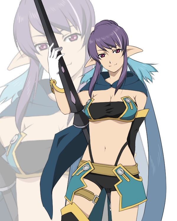 blue_hair, breasts, cleavage, cosplay, crossover, gloves, judith, kanenagi, leg_garter, londrine, londrine_(cosplay), long_hair, midriff, navel, payot, pointy_ears, polearm, red_eyes, rondorine_e._effenberg, shorts, smile, solo, staff, tales_of_(series), tales_of_phantasia, tales_of_phantasia:_narikiri_dungeon_x, tales_of_vesperia, twintails, weapon, white_gloves, zoom_layer