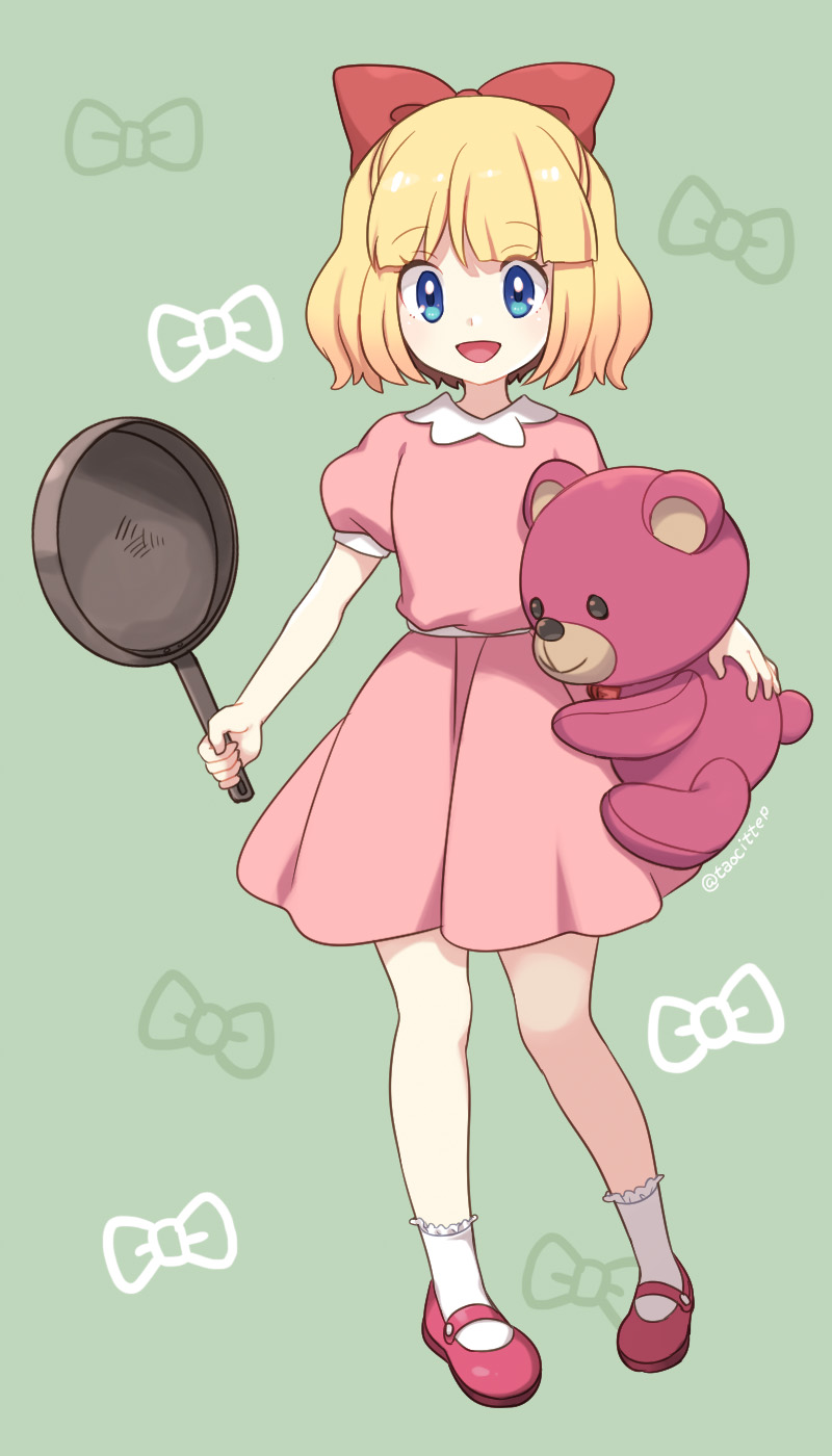 1girl, blonde_hair, blush, bow, child, dress, eco_(petticoat), frying_pan