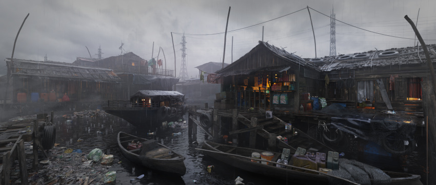 boat, building, canal, commentary, day, english_commentary, highres, house