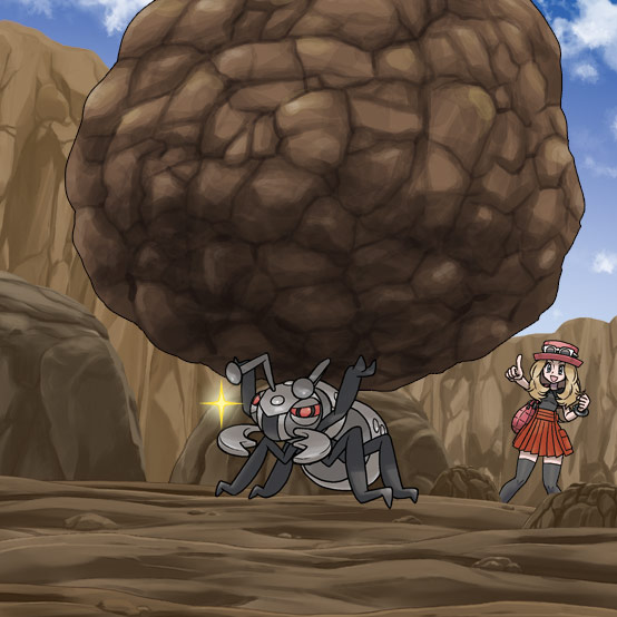 :d, antennae, artist_request, bag, black_shirt, black_thighhighs, blue_sky, boulder, bracelet, brown_hair, bug, carrying, clouds, commentary_request, day, durant, eyewear_on_head, handbag, hat, jewelry, long_hair, mandibles, mega_ring, official_art, open_mouth, outdoors, outstretched_arm, pink_bag, pink_hat, pointing, pokemon, pokemon_(creature), pokemon_move, pokemon_xy, red_skirt, second-party_source, serena_(pokemon), shirt, skirt, sky, smile, strength_(pokemon), sunglasses, thigh-highs, white-framed_eyewear