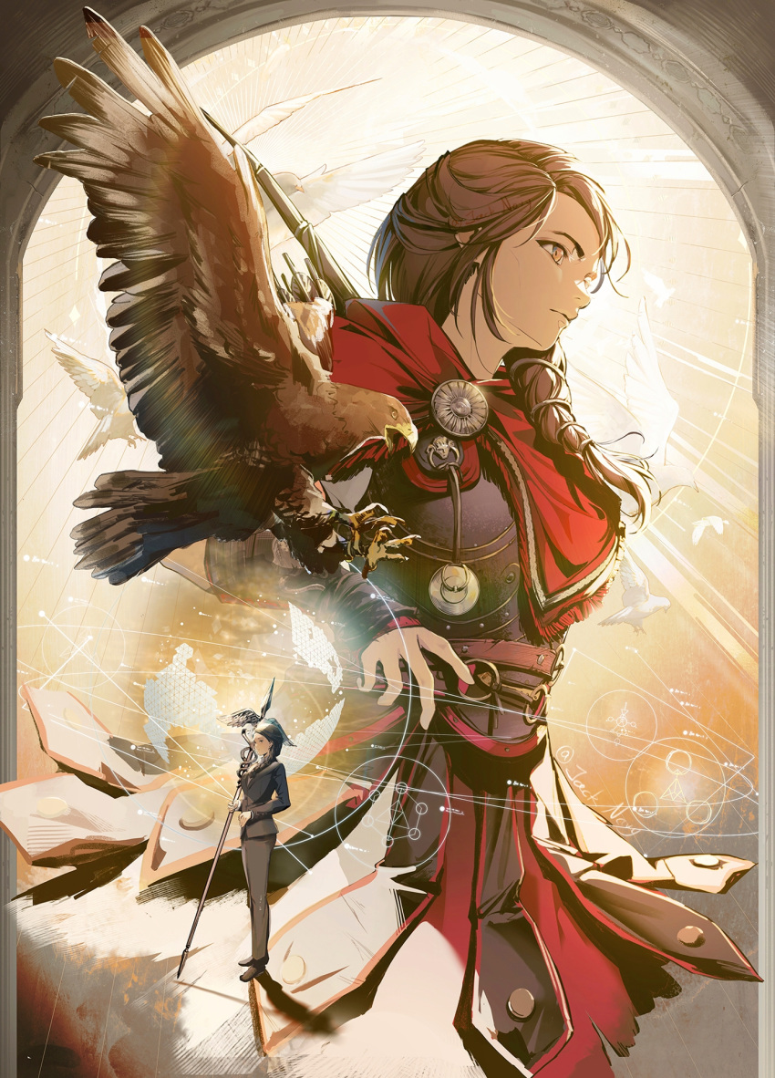 1girl, arch, armor, assassin's_creed:_odyssey, assassin's_creed_(series), bird, black_jacket, black_pants, black_suit, braid, brown_bird, brown_eyes, brown_hair, cape, eagle, from_side, full_body, greek_armor, highres, holding, holding_polearm, holding_weapon, jacket, jacknavy, kassandra_of_sparta, long_hair, multiple_views, pants, polearm, profile, red_cape, reverse:1999, single_braid, solo, suit, upper_body, weapon, white_bird, yellow_background