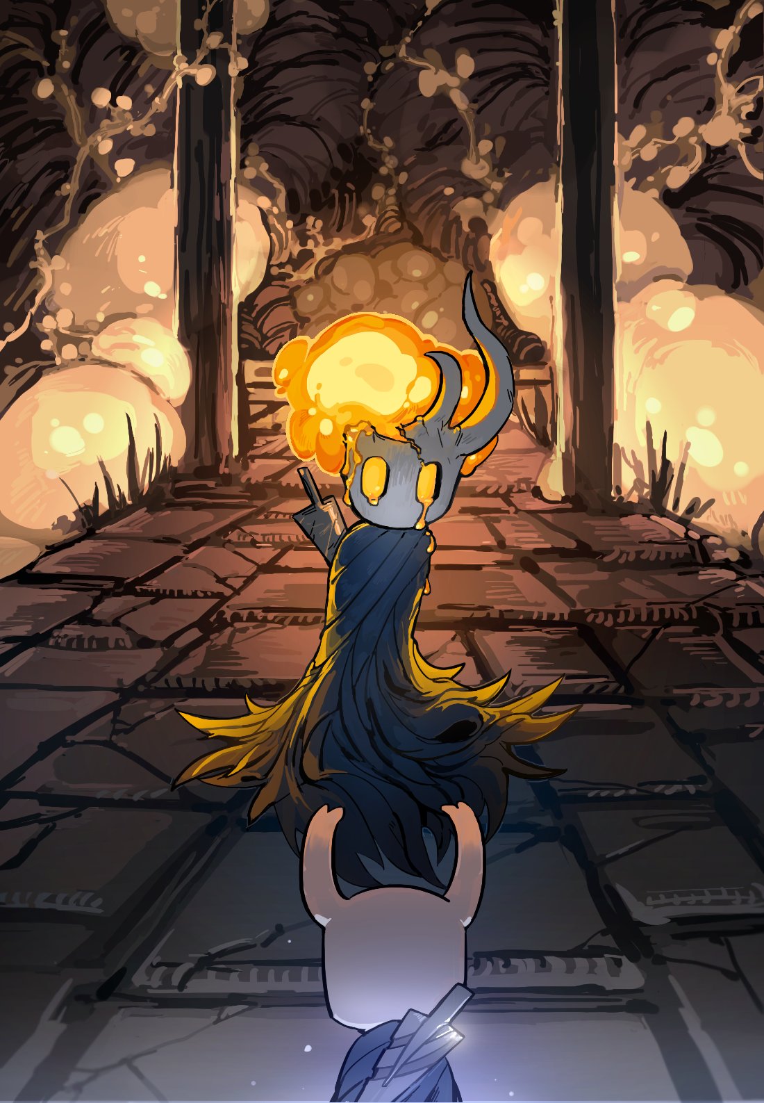 2others, broken_vessel_(hollow_knight), cloak, cracked_mask, darkdog, from_behind, grey_cloak, highres