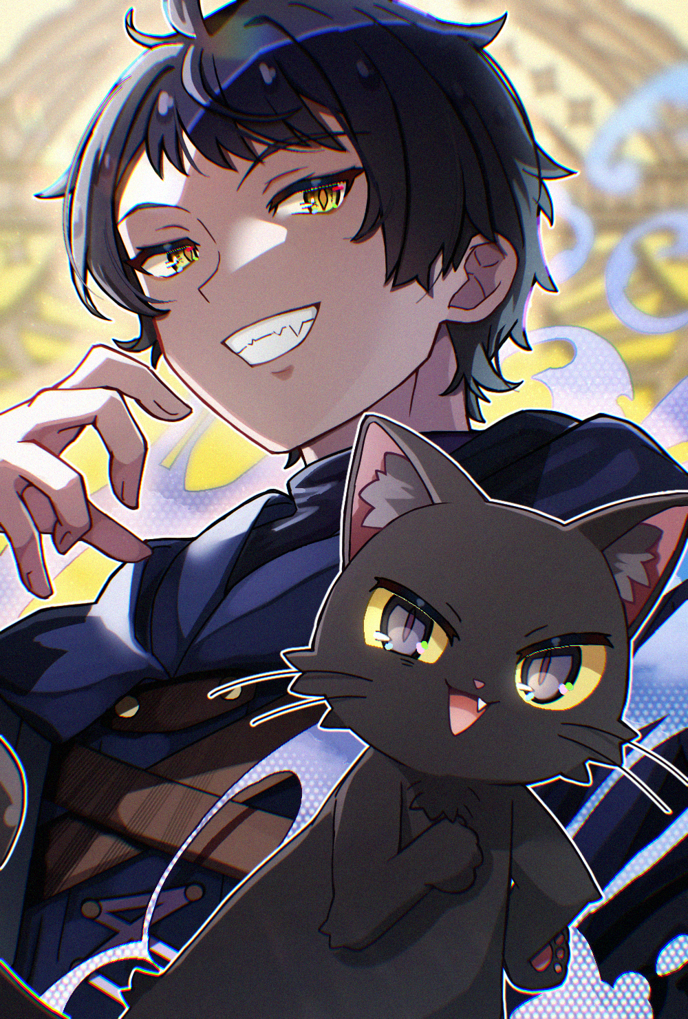 1boy, black_hair, black_robe, cat, dual_persona, fang, highres, looking_at_viewer