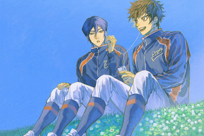 2boys, ace_of_diamond, blue_hair, brown_hair, commentary_request, earphones, feet_out_of_frame, from_below, furuya_satoru, hair_between_eyes, highres, holding, jshdirk, long_sleeves, male_focus, multiple_boys, on_grass, open_mouth, pants, sawamura_eijun, seidou_high_school_jacket, shared_earphones, short_hair, sitting, sky, smile, socks_over_pants, teeth, upper_teeth_only, white_pants, zipper_pull_tab