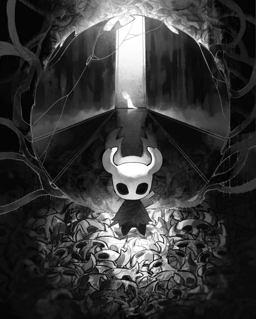 1boy, 1other, black_eyes, broken_mask, cloak, crack, darkdog, father_and_child