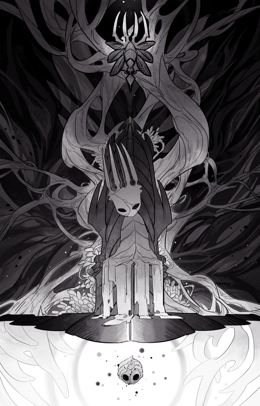 1boy, black_eyes, bug, charm_(hollow_knight), crack, crown, darkdog, greyscale