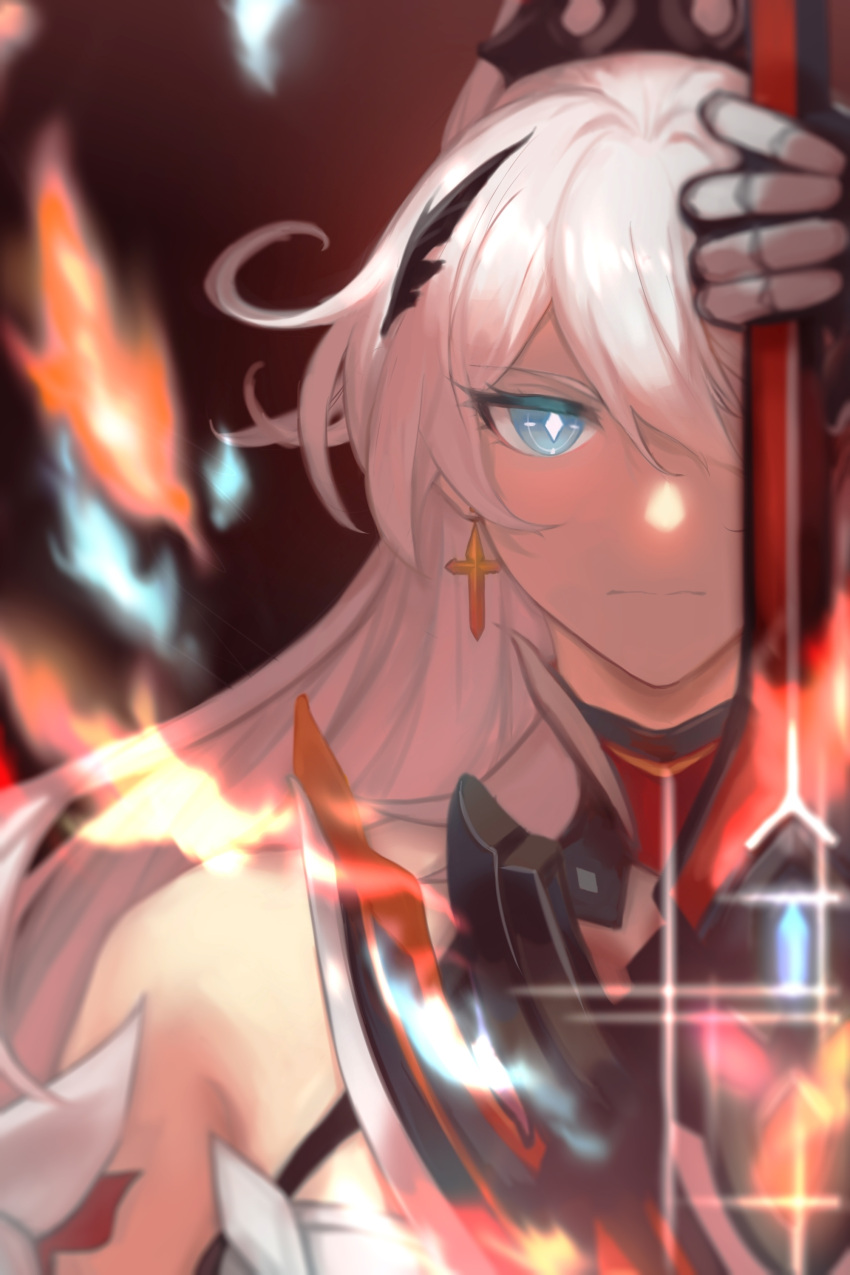 +_+, 1girl, absurdres, ahoge, blue_eyes, closed_mouth, earrings, hair_ornament