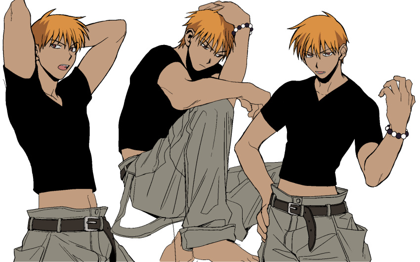 1boy, baggy_pants, black_shirt, bracelet, crop_top, fruits_basket, gyoi_0_0, highres, jewelry, male_focus, orange_hair, pants, shirt, short_hair, sohma_kyou, v-neck