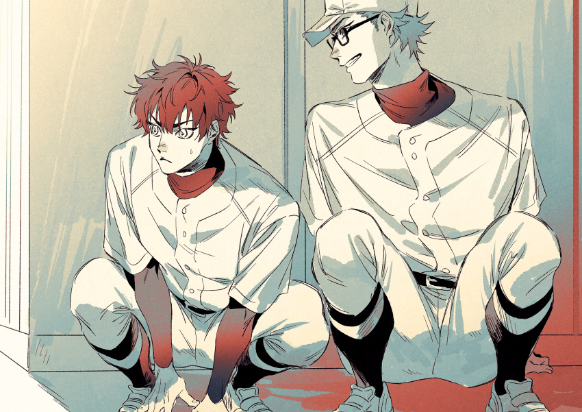 2boys, ace_of_diamond, baseball_uniform, belt, black_belt, buttons, commentary_request, full_body