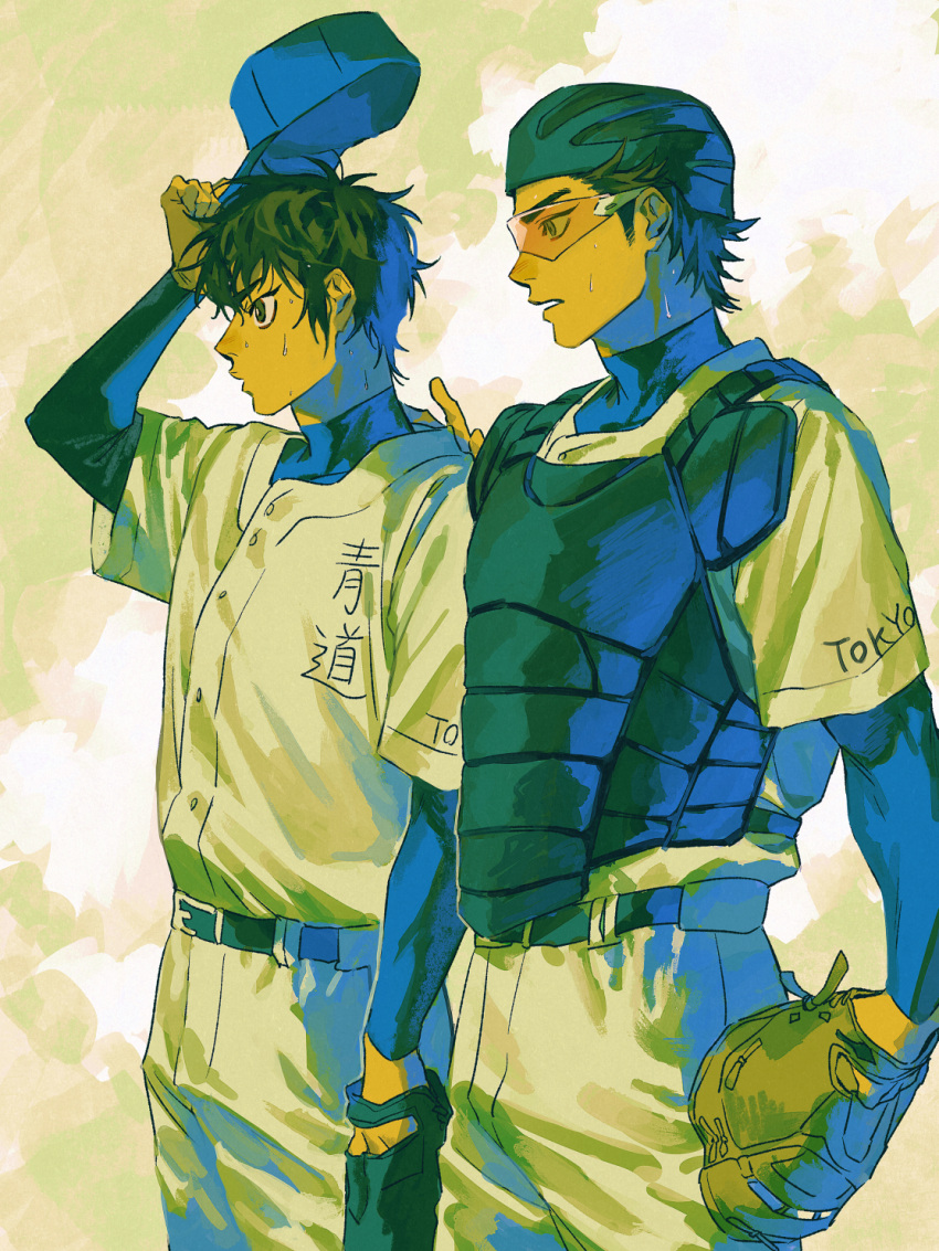 2boys, ace_of_diamond, baseball_cap, baseball_helmet, baseball_mitt, baseball_uniform, belt, black_belt