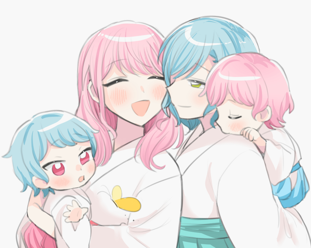 4girls, bang_dream!, blue_hair, blush, bug, butterfly, chieh, child, closed_eyes, closed_mouth, green_eyes, hikawa_hina, if_they_mated, japanese_clothes, kimono, long_hair, maruyama_aya, mother_and_daughter, multiple_girls, open_mouth, pink_eyes, pink_hair, science_babies, simple_background, smile, white_background, white_kimono, yuri