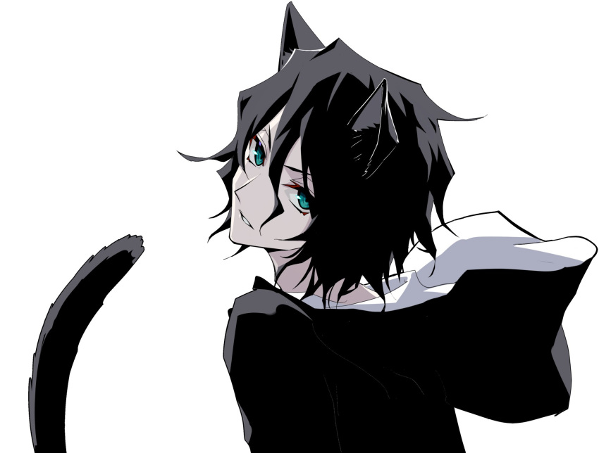 1boy, animal_ears, black_hair, bleach, cat_boy, cat_ears, cat_tail, hair_between_eyes