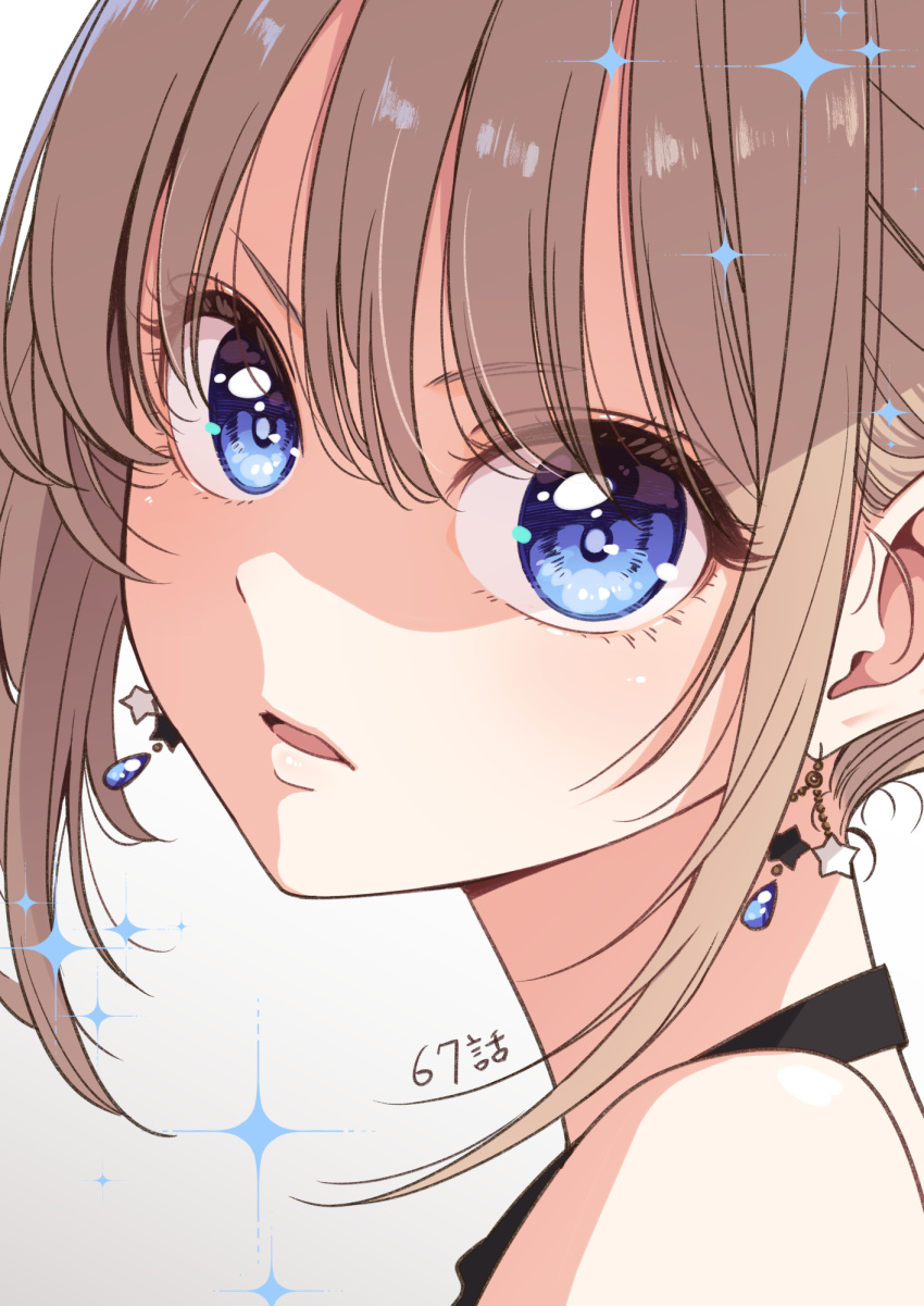 1girl, black_dress, blonde_hair, blue_eyes, dress, earrings, highres, idol_x_idol_story!, jewelry, kokonoe_karin, ponytail, star_(symbol), star_earrings, teardrop_earrings, tokunou_shoutarou