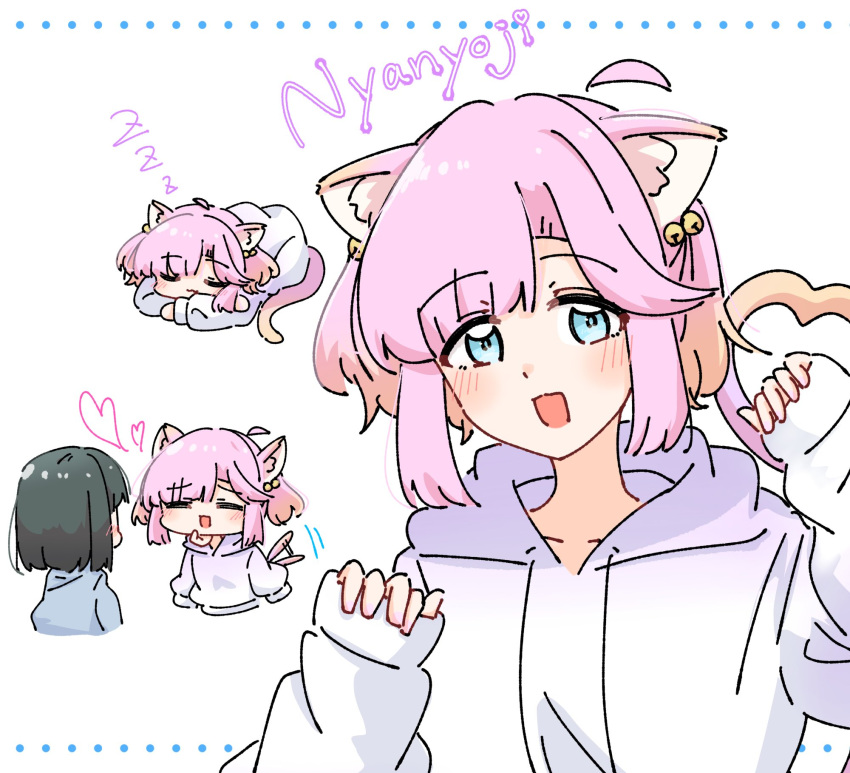 2girls, :d, ahoge, animal_ears, anyoji_hime, black_hair, blue_eyes, bob_cut