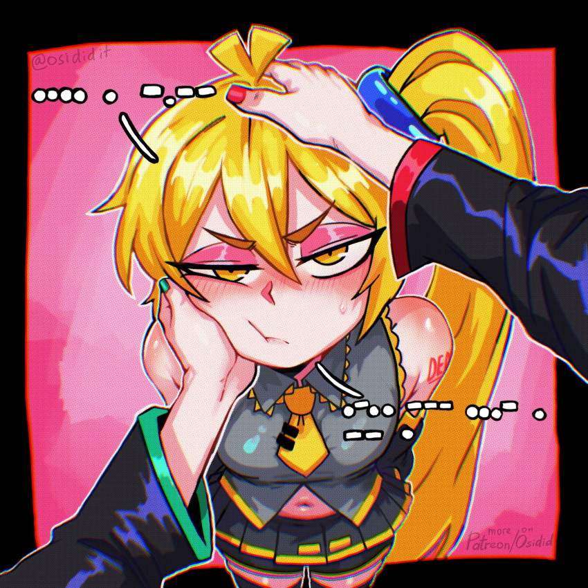 3girls, akita_neru, black_skirt, blonde_hair, blue_nails, blush, breasts, closed_mouth
