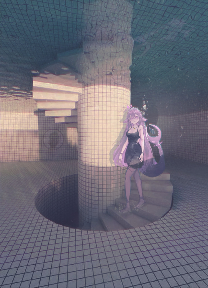 1girl, absurdres, air_bubble, backrooms_(creepypasta), barefoot, black_dress, bubble, ceiling