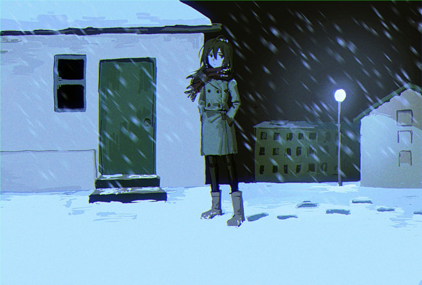 1girl, black_eyes, black_hair, black_pantyhose, boots, brown_boots, brown_coat, buttons, ccccorrosive, closed_mouth, coat, collared_coat, door, expressionless, fringe_trim, full_body, ghostpia, hair_between_eyes, hands_in_pockets, highres, house, lamppost, long_sleeves, looking_at_viewer, night, outdoors, pantyhose, red_scarf, sayoko_(ghostpia), scarf, short_hair, snow, snowing, solo, stairs, standing, winter, winter_clothes