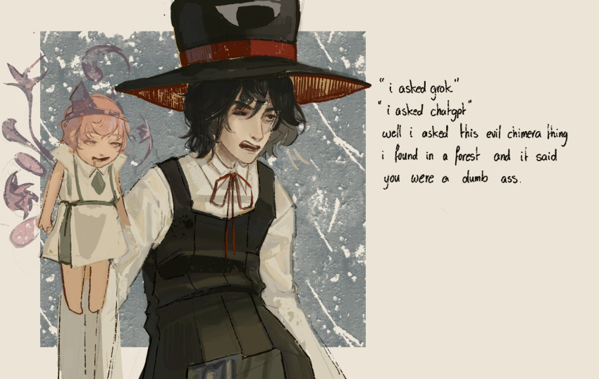 2others, androgynous, annoyed, bare_arms, bare_legs, barefoot, black_eyes, black_hair